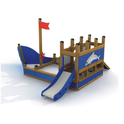Spielanlage kleines Schiff mit Delphin für den Spielplatz